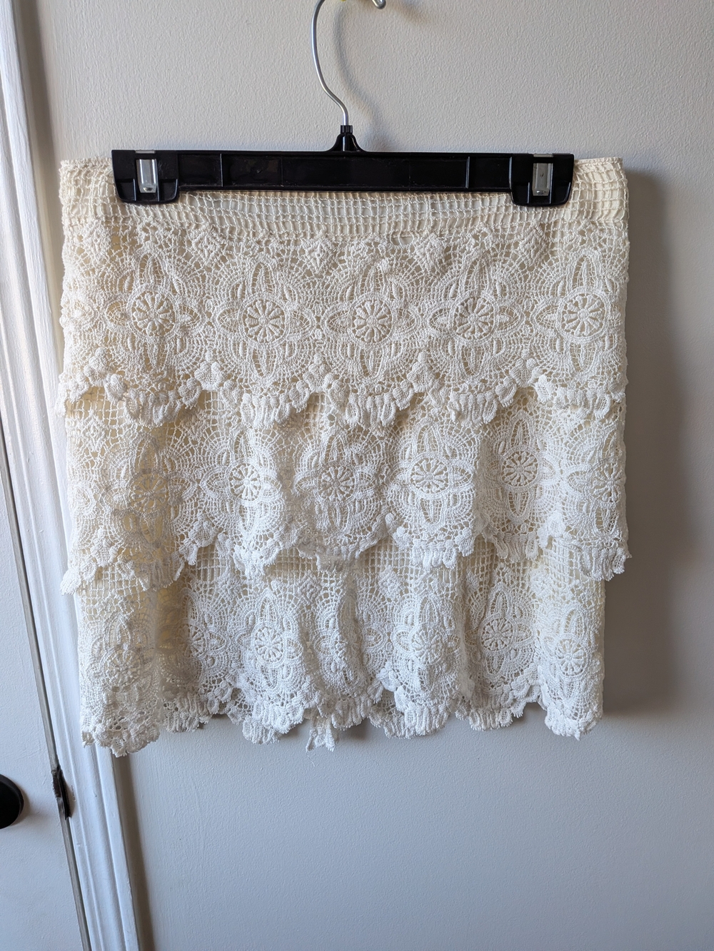 Dynamite Cream Tiered Crochet Lace Mini Skirt